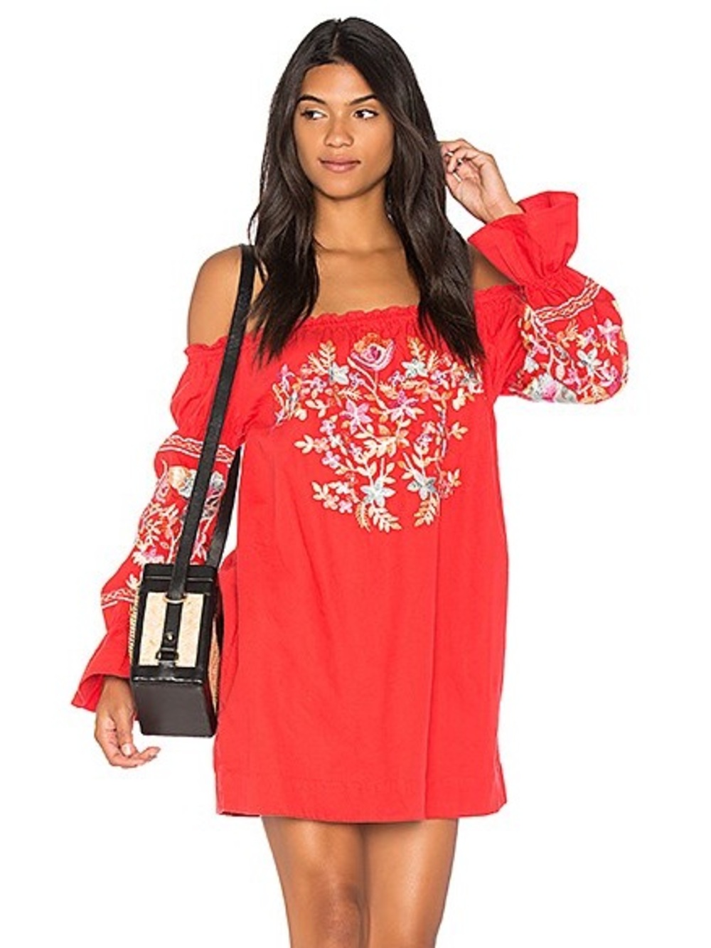 Free People Red Off-Shoulder Embroidered Mini Dress